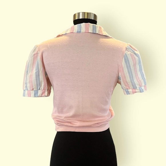 Vintage 80s Sears pink striped puff sleeve semi cropped vest top S - Picture 3 of 8
